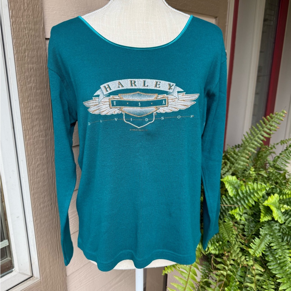 Rare, VTG Harley-Davidson Teal Long Sleeve Rib-knit Top